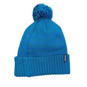 Patagonia Powder Town Beanie Winter Pom Blue Ribbed Cuffed Striped 29187Z NWT